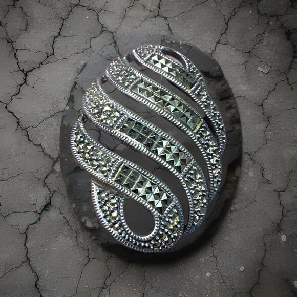 JUDITH JACK BROOCH pin STERLING SILVER MARCASITE HEMATITE NOUVEAU DECO 925 - Picture 2 of 3